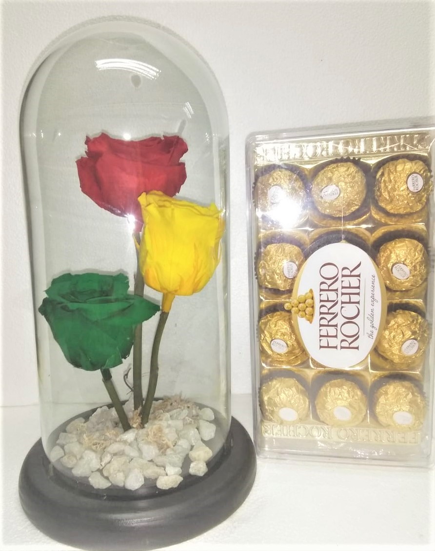 3 Rosas Preservadas con tallo en Cpula y Bombones Ferrero Rocher 150 grs