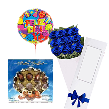 Caja de 12 Rosas Azules , Ms Globo. Ms Bombones 250 Grs