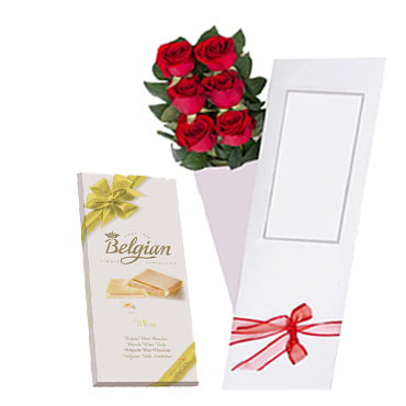 Caja de 06 Rosas ms Tableta de Chocolate Blanco Belgian de 100 grs