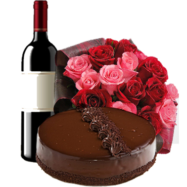 Ramo de 24 Rosas más Vino 750cc Y Torta de Chocolate (15 Personas)